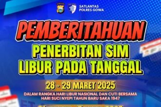 Pengumuman layanan penerbitan Surat Izin Mengemudi (SIM) pada Satuan Lalu Lintas (Satlantas) Polres Gowa, Maret 2025.