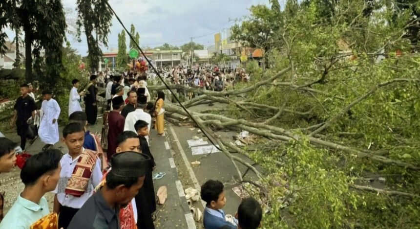 Tragedi pohon tumbang timpa jemaah saat Shalat Id di Alun-alun, Senin (31/3/2025). (@Jateng_Twit/hms-Polres Pemalang/HO)