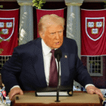 Ilustrasi Presiden Donald Trump berlatar Universitas Harvard. (mediapesancom)
