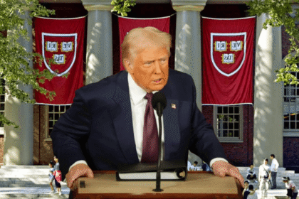 Ilustrasi Presiden Donald Trump berlatar Universitas Harvard. (mediapesancom)