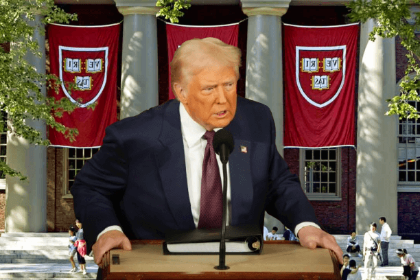 Ilustrasi Presiden Donald Trump berlatar Universitas Harvard. (mediapesancom)