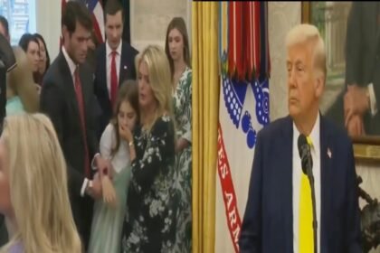 Momen pidato Presiden Amerika Serikat Donald Trump mendadak terhenti ketika seorang jurnalis yang hadir di lokasi tiba-tiba pingsan di tengah kerumunan. (17/4/2025). (newsmax/ho/mp)
