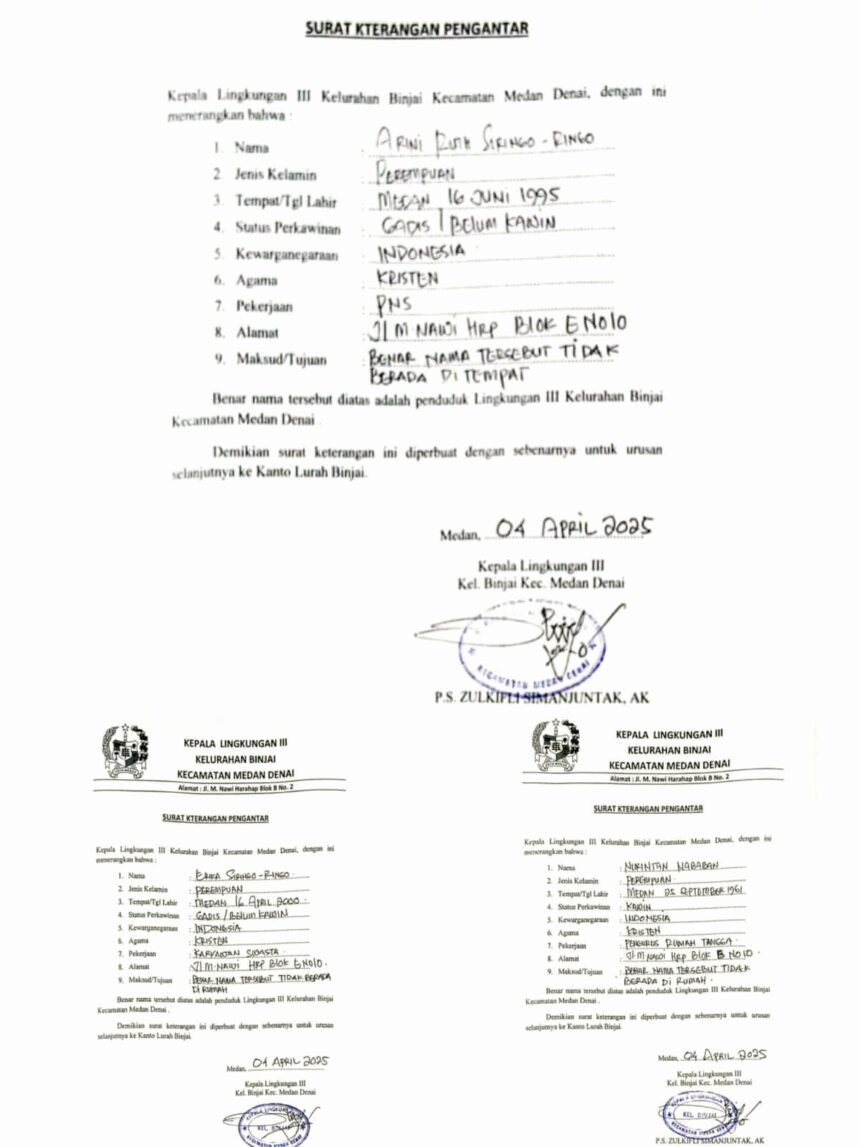 Surat keterangan pengantar Kepala Lingkunga III Kelurahan Binjai Kecamatan Medan Denai.