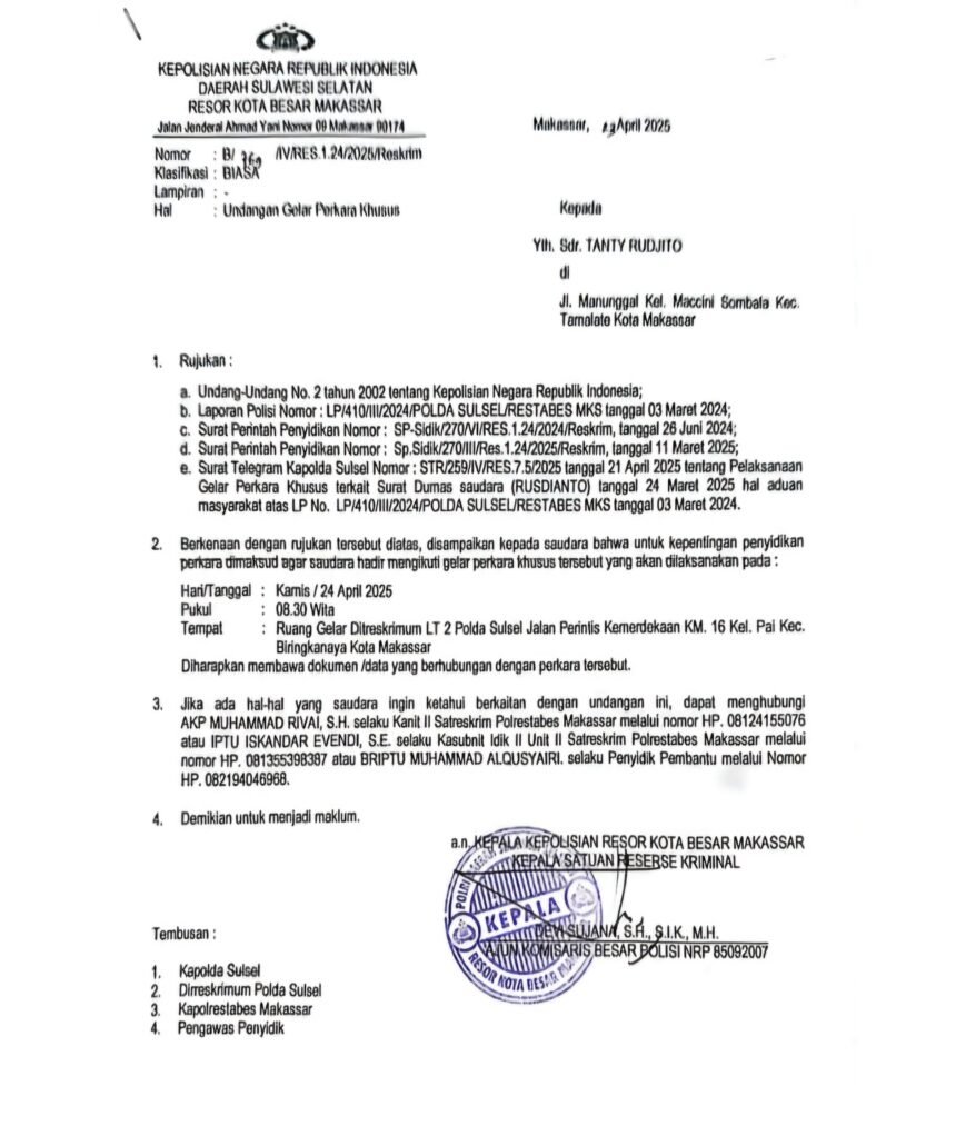 Polrestabes Makassar menggelar perkara dugaan sengketa hak asuh anak antara karyawan dan pengusaha, Kamis (24/4/2025).