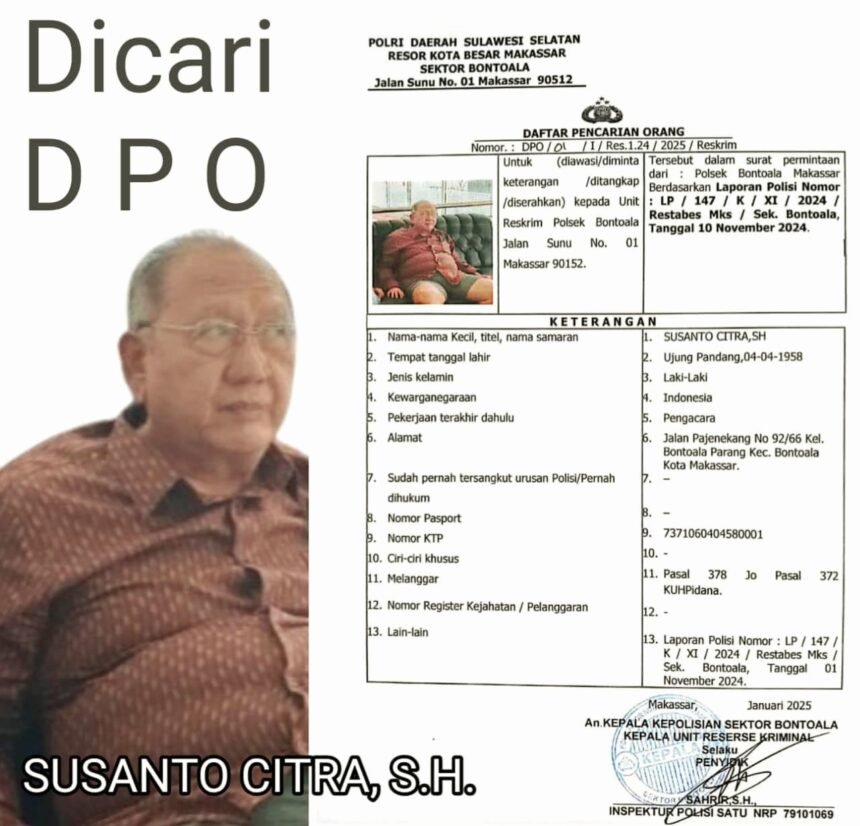 Pengacara di Makassar masuk DPO dalam kasus dugaan penipuan, (29/4/2025). (R35/HO)