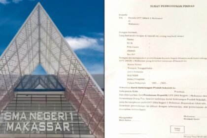 Ilustrasi: SMAN 1 Makassar dan Surat permohonan pindah sekolah. (kolase foto: R35/ho)