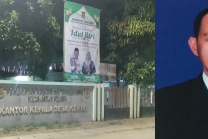 Ketua Gabungan Wartawan Indonesia (GWI) Provinsi Banten, Syamsul Bahri (kanan) dan Kantor Desa Kemiri (kiri), Mei 2024.