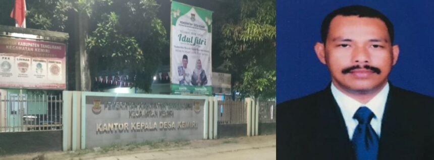 Ketua Gabungan Wartawan Indonesia (GWI) Provinsi Banten, Syamsul Bahri (kanan) dan Kantor Desa Kemiri (kiri), Mei 2024.