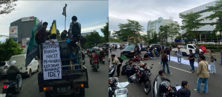 Mahasiswa di Makassar gelar aksi unjuk rasa soroti kemacetan dan kebijakan populis Pemkot, (8/5/2025).
