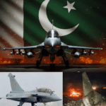 Atas: Jet tempur JF-17 Thunder buatan China milik Angkatan Udara Pakistan dengan latar bendera nasional, simbol unjuk kekuatan baru dalam konflik udara Asia Selatan. Bawah kiri: Jet tempur Rafale milik India, salah satu dari lima pesawat tempur tercanggih yang dilaporkan ditembak jatuh dalam konfrontasi terbaru. Bawah kanan: Puing pesawat tempur India yang terbakar, menandai salah satu kerugian udara terburuk dalam sejarah India dan simbol guncangan bagi reputasi teknologi militer Barat.