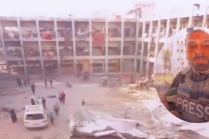 Mahmoud Abusalama, jurnalis lokal yang berada di lokasi, menyampaikan gambaran memilukan usai Israel mengebom Sekolah Fatema Bani Assad di kamp pengungsi Jabalia, Selasa (13/5/2025). (Mahmoud Abusalama/HO)