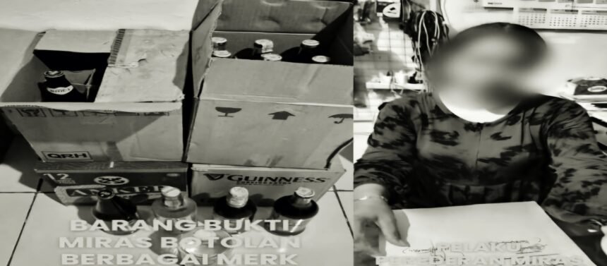 Barang bukti dan pelaku peredaran minuman keras (miras) ilegal di wilayah Bontonompo Gowa-Sulsel, (13/5/2025).