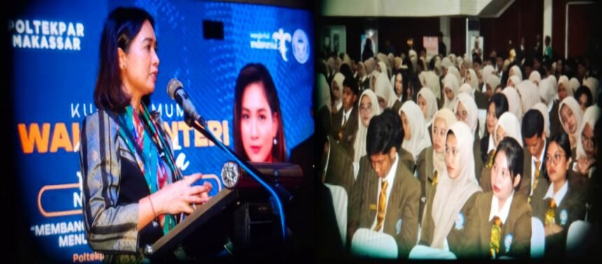 Wamenparekraf di Poltekpar Makassar dalam kegiatan kuliah umum, Kamis (15/5/2025).