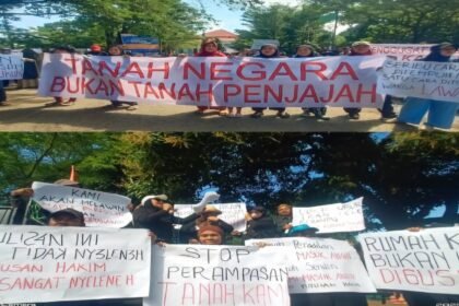 Warga protes di depan Perumahan Gubernur di Kecamatan Manggala, Kota Makassar, untuk menuntut keadilan atas sengketa lahan seluas 52 hektare yang masih berproses di pengadilan, Minggu (18/5/2025). (R35/HO/MP)