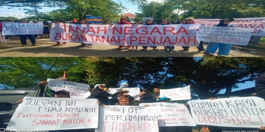 Warga protes di depan Perumahan Gubernur di Kecamatan Manggala, Kota Makassar, untuk menuntut keadilan atas sengketa lahan seluas 52 hektare yang masih berproses di pengadilan, Minggu (18/5/2025). (R35/HO/MP)