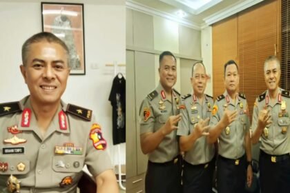 Brigadir Jenderal Polisi Ibrahim Tompo, S.I.K., M.Si., (kiri), Kolase: Bersama rekan-rekannya, Mei 2025. (Ist.)
