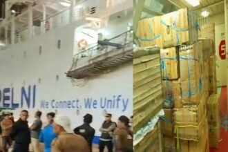 Buruh pelabuhan mogok di Makassar dan tampak penumpukan barang tertahan akibat tidak adanya tenaga kerja bongkar muat di area pelabuhan, Mei 2025.