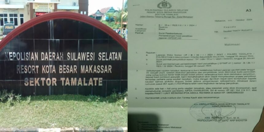 Laporan dugaan penganiayaan dilayangkan ke Polsek Tamalate, Makassar, korban Tanty Rudjito belum mendapat kepastian hukum, (29/5/2025). (R35/HO)