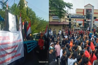 Aksi protes di depan kantor Polrestabes Makassar, (30/5/2025) terkait seorang advokat yang tengah menghadapi proses hukum yang dinilai kontroversial. (R35/HO)