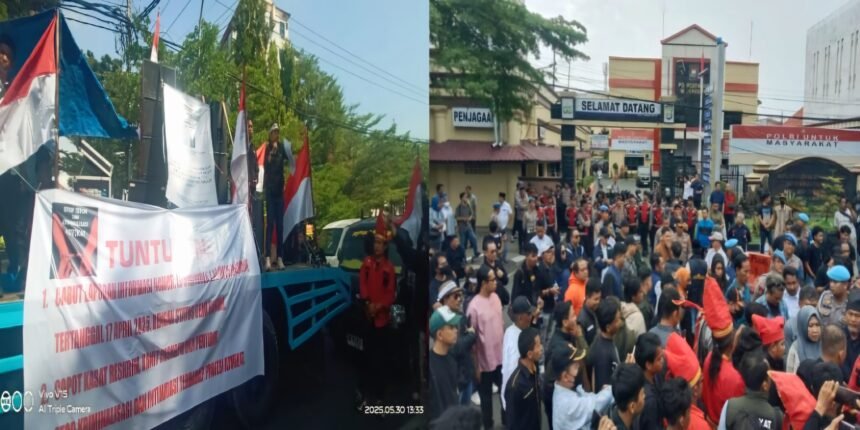 Aksi protes di depan kantor Polrestabes Makassar, (30/5/2025) terkait seorang advokat yang tengah menghadapi proses hukum yang dinilai kontroversial. (R35/HO)