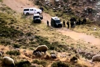 Dijaga oleh pasukan pendudukan Israel, para pemukim menyerang warga Badui Palestina di daerah Wadi al-Maghayer di pinggiran desa Asira al-Qibliya, selatan Nablus, (30/4/2025). (qudsn/ho/mp)