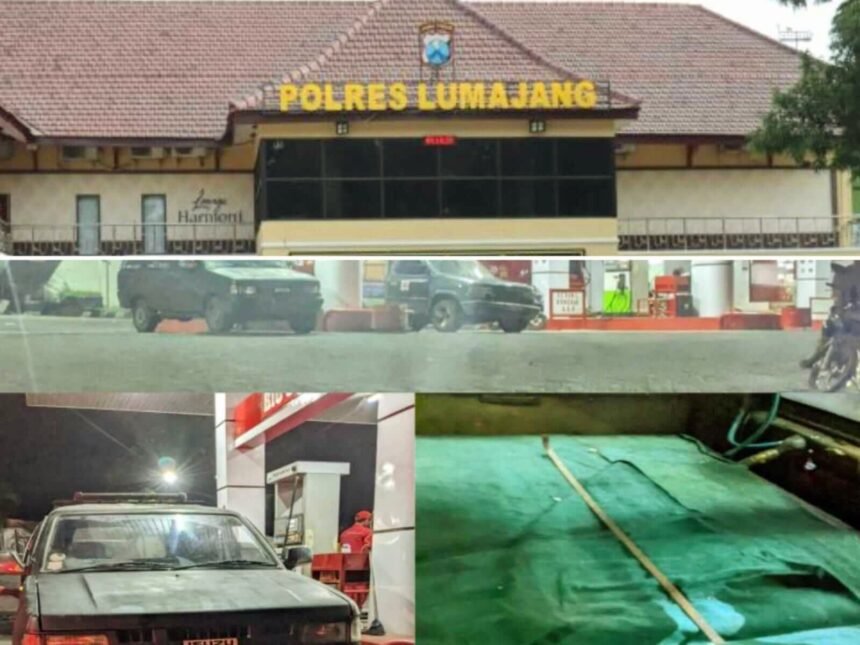 Kolase: Polres Lumajang dan diduga praktik ilegal penyaluran BBM subsidi di SPBU Kabupaten Lumajang, Jawa Timur, Mei 2025.