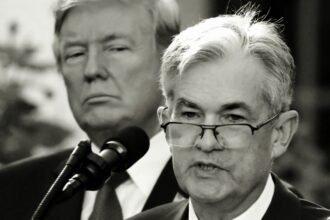Presiden AS Donald Trump menyaksikan Jerome Powell, Federal Reserve AS, berpidato di Washington.
