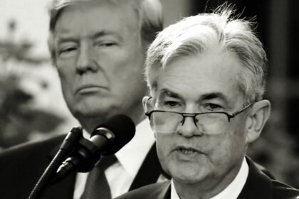 Presiden AS Donald Trump menyaksikan Jerome Powell, Federal Reserve AS, berpidato di Washington.