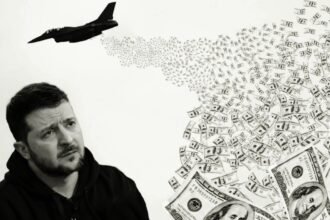 Caption: Presiden Ukraina Volodymyr Zelensky tampak murung di tengah polemik efektivitas jet tempur F-16 bantuan Barat, sementara ilustrasi menunjukkan jet menyebar dolar—menyiratkan mahalnya biaya militer yang terus meningkat di tengah hasil yang dipertanyakan. 
