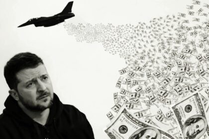 Caption: Presiden Ukraina Volodymyr Zelensky tampak murung di tengah polemik efektivitas jet tempur F-16 bantuan Barat, sementara ilustrasi menunjukkan jet menyebar dolar—menyiratkan mahalnya biaya militer yang terus meningkat di tengah hasil yang dipertanyakan. 