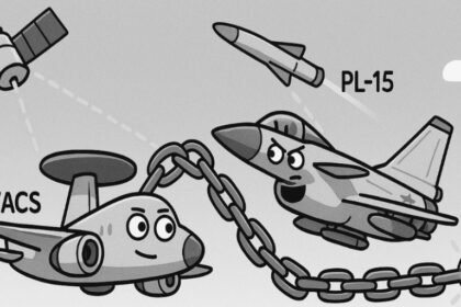 Ilustrasi rantai pembunuhan (kill chain): Sistem tempur terpadu yang menghubungkan satelit, radar, pesawat tempur, dan rudal jarak jauh dalam jaringan tempur. (dok.mp)