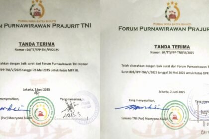 Surat tanda terima dari Forum Purnawirawan TNI untuk MPR dan DPR RI: Desak Pemakzulan Wapres Gibran.