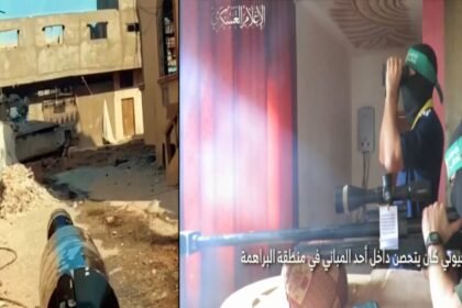 Pejuang dengan senapan lokal buatan Qassam "Ghoul"  membidik tentara Israel (kanan) dan peluru kendali Yassin 105 ke arah tank di Gaza Selatan, Juni 2025. (qsm/ho)