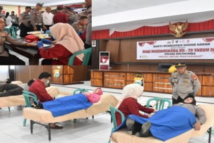 Kepolisian Resor Bulukumba, Sulawesi Selatan, menggelar kegiatan donor darah pada Senin (16/6/2025), Kolase: Kapolres AKBP Restu Wijayanto, menjadi peserta pertama yang mendonorkan darah.