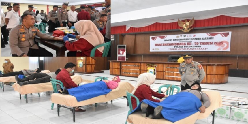 Kepolisian Resor Bulukumba, Sulawesi Selatan, menggelar kegiatan donor darah pada Senin (16/6/2025), Kolase: Kapolres AKBP Restu Wijayanto, menjadi peserta pertama yang mendonorkan darah.