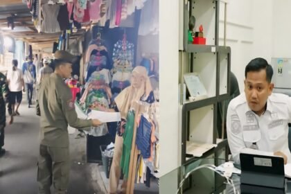 Kegiatan persuasif kepada para pedagang agar memahami kondisi, guna mendukung program normalisasi dan pengerukan kanal yang selama ini terkendala oleh bangunan di atas fasilitas umum. Kolase: Camat Bontoala, Andi Akhmad Muhajir Arif.