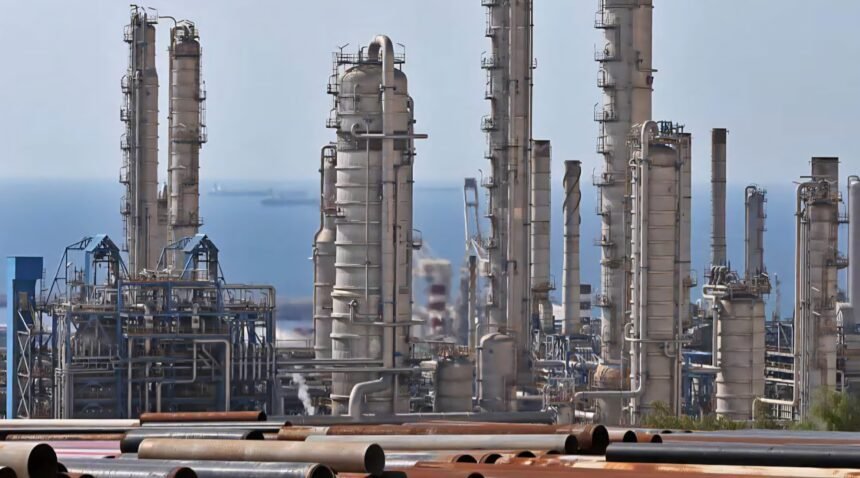Kilang minyak dan fasilitas industri di tepi dengan latar kapal tanker di laut — jalur penting distribusi energi global melalui Selat Hormuz.