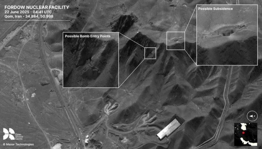Citra satelit situs Fordow milik Iran menunjukkan tanda-tanda dampak bom dan tanah runtuh setelah serangan AS. Trump mengatakan Fordow, Natanz, dan Isfahan "dihancurkan sepenuhnya" untuk mengakhiri ancaman nuklir Iran, Juni 2025. (JP/HO/MP)