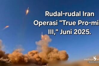 Rudal balistik Iran dalam operasi balasan terhadap Israel, 14 Juni 2025.