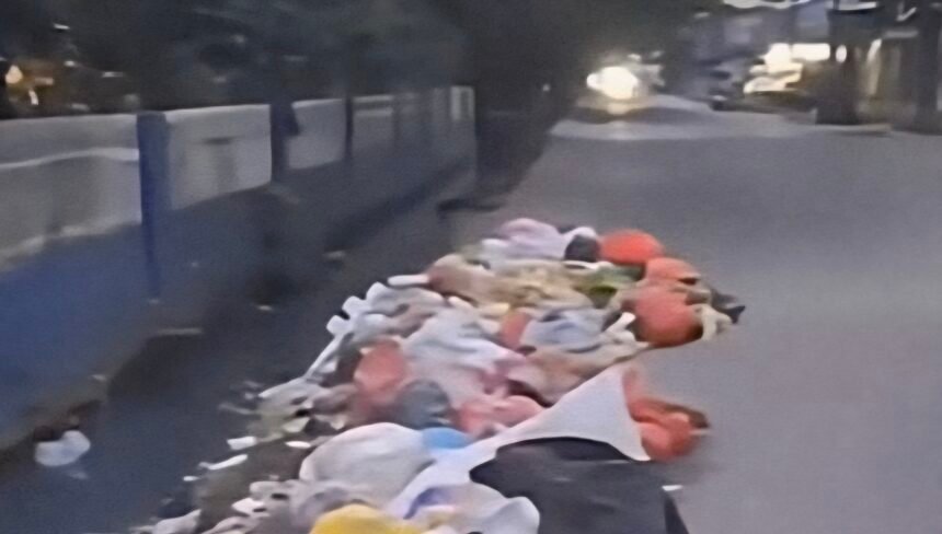 Penampakan tumpukan sampah di bahu Jalan Mallengkeri Raya, tepat di depan Kompleks TVRI, (26/6/). (ss/@makassar_iinfo/ho)