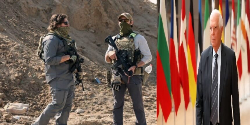 Kolase: Mantan Perwakilan Tinggi Uni Eropa untuk Urusan Luar Negeri, Josep Borrell (tampak kanan) tuding tentara bayaran AS tewaskan lebih dari ratusan warga Palestina saat rebutan bantuan di Gaza, Juli 2025. (qudsn/voa/ho/mp)