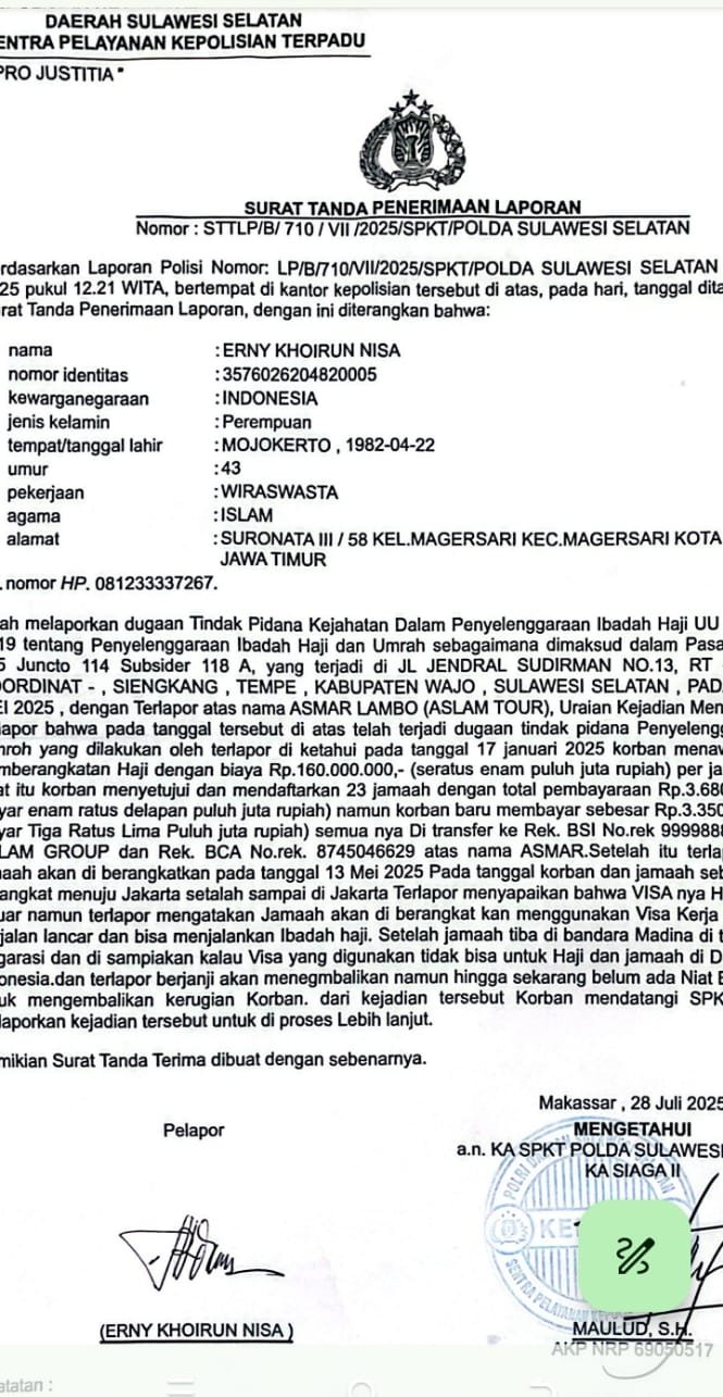 Jemaah haji lapor biro perjalanan di Makassar, Juli 2025.
