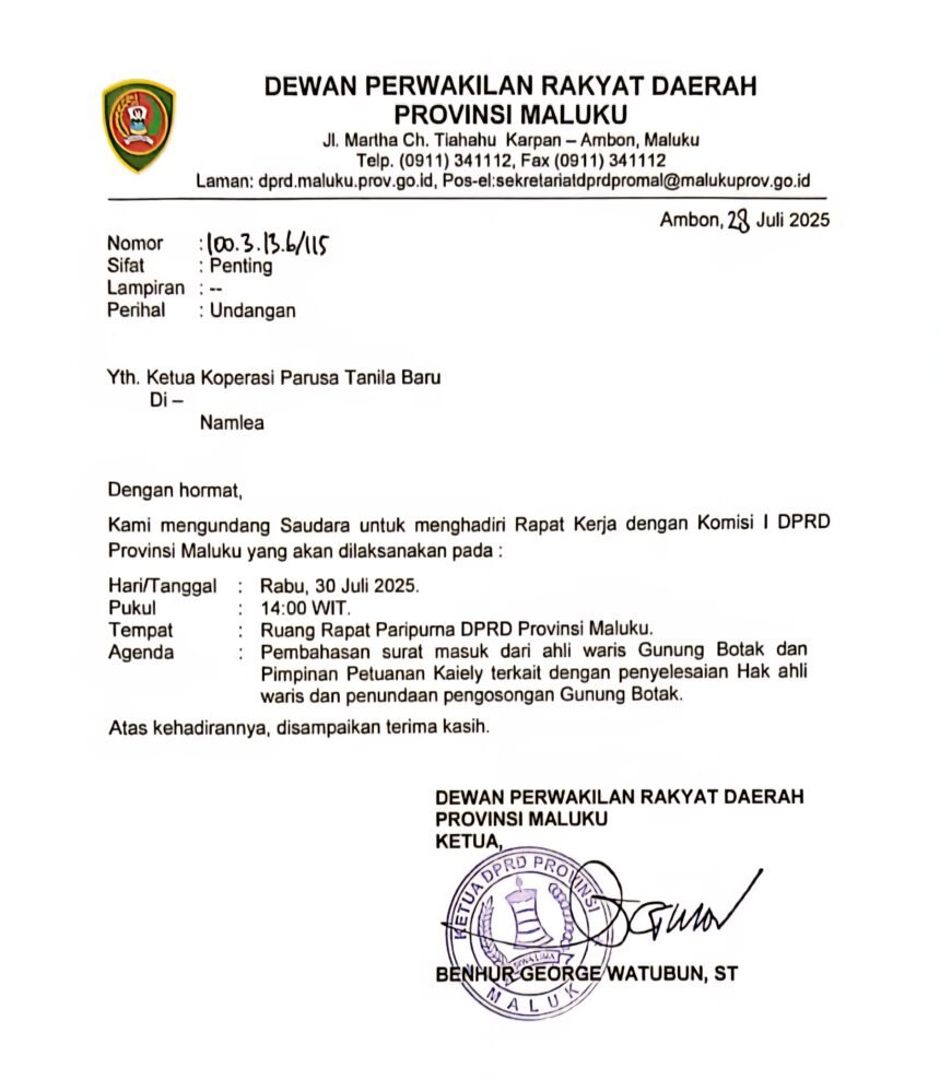 DPRD Maluku mengundang 11 koperasi untuk membahas operasi di kawasan tambang emas Gunung Botak, Desa Dava, Kecamatan Waelata, Kabupaten Buru.