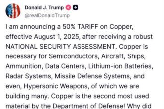 Platform truth cocial, Trump mengumumkan penerapan tarif impor sebesar 50 persen untuk semua produk tembaga mulai 1 Agustus 2025.