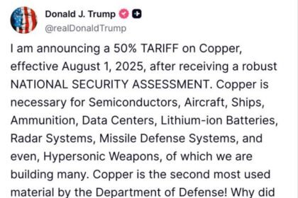 Platform truth cocial, Trump mengumumkan penerapan tarif impor sebesar 50 persen untuk semua produk tembaga mulai 1 Agustus 2025.