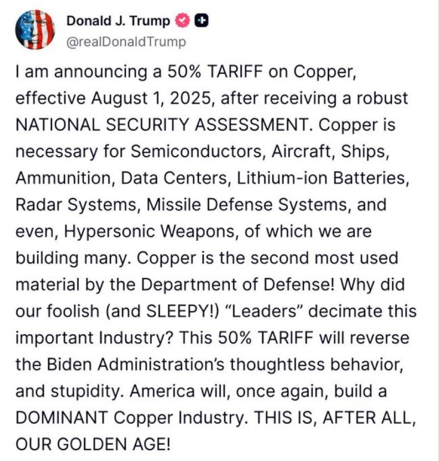 Platform truth cocial, Trump mengumumkan penerapan tarif impor sebesar 50 persen untuk semua produk tembaga mulai 1 Agustus 2025.