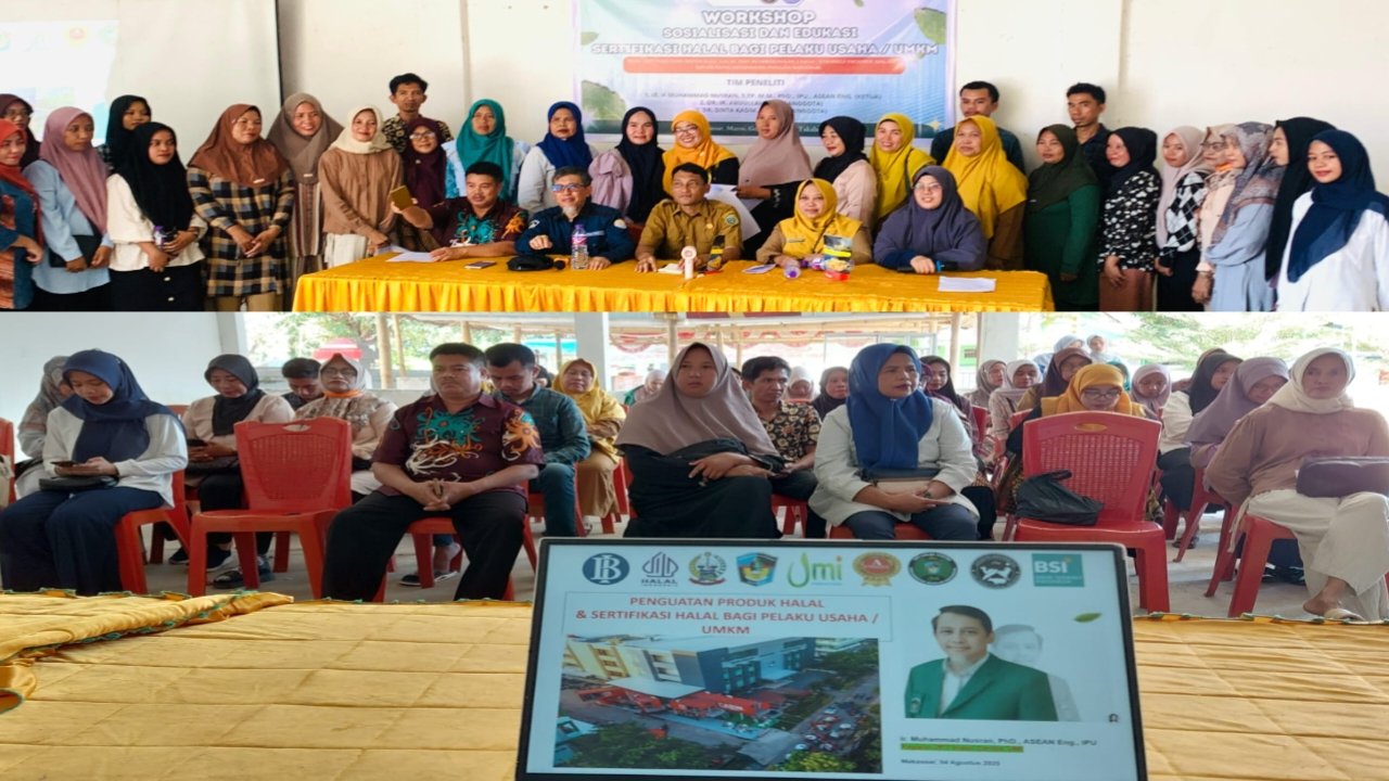 Halal Centre UMI Dorong Sertifikasi Halal UMKM di Desa Sanrobone, Takalar 2 Peserta Workshop dan Sosialisasi Sertifikasi Halal bagi pelaku UMKM di Desa Sanrobone, Kabupaten Takalar, yang diselenggarakan oleh Tim Pengabdian UPT Halal Centre Universitas Muslim Indonesia (UMI), Senin (4/8/2025). Kegiatan ini bertujuan mendukung legalitas produk UMKM serta memperkuat ketahanan pangan melalui sertifikasi halal.