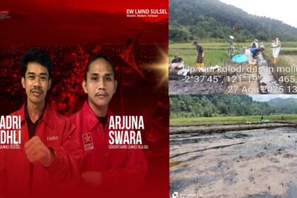 Kolase ini memperlihatkan sikap tegas LMND Sulsel melalui Ketua Adri Fadhli dan Sekretaris Arjuna Swara yang mengecam kebocoran pipa bahan bakar PT Vale di Towuti, Luwu Timur. Di sisi lain, foto lapangan menampakkan kondisi sawah dan lahan pertanian warga di Dusun Molindowe yang tercemar minyak, serta warga bersama tim teknis melakukan pembersihan.