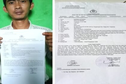Orang tua korban, Mardika Setiawan, menunjukkan tanda bukti laporan polisi terkait kasus meninggalnya anaknya, M. Rizki, yang tenggelam di bekas galian C ilegal di Desa Pengarengan, Rajeg, Tangerang. Hingga kini, laporan bernomor LP/B/720/VIII/2024/SPKT/POLRESTA TANGERANG/POLDA BANTEN tersebut belum menunjukkan perkembangan berarti.
