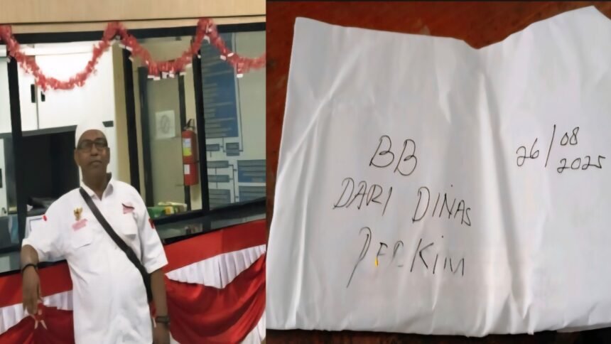 Foto: Ketua DPP Gabungan Wartawan Indonesia (GWI) Provinsi Banten, Syamsul Bahri, saat mendatangi kantor Dinas Perkim Kabupaten Tangerang. Di sampingnya, amplop bertuliskan “BB dari Dinas Perkim, 26/08/2025” yang diduga terkait praktik bagi-bagi proyek dan pemberian amplop kepada oknum tertentu.